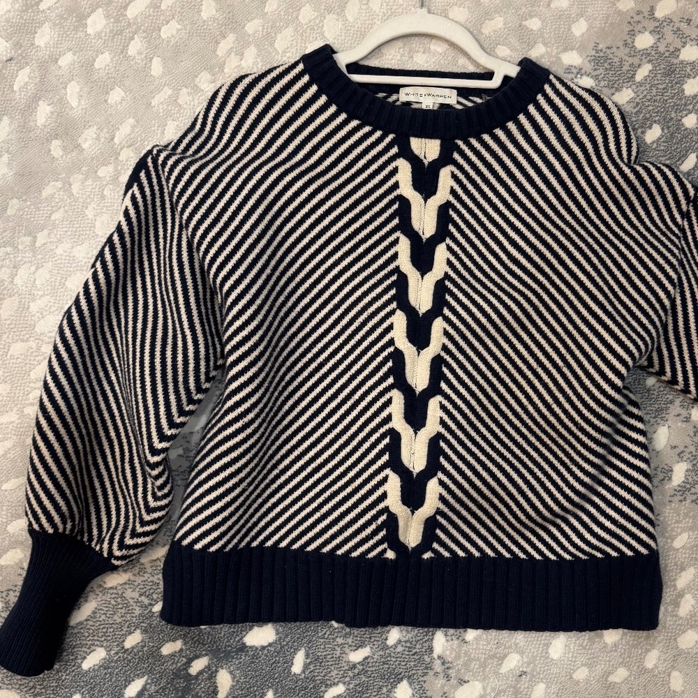 White and Warren navy cream striped sweater XS